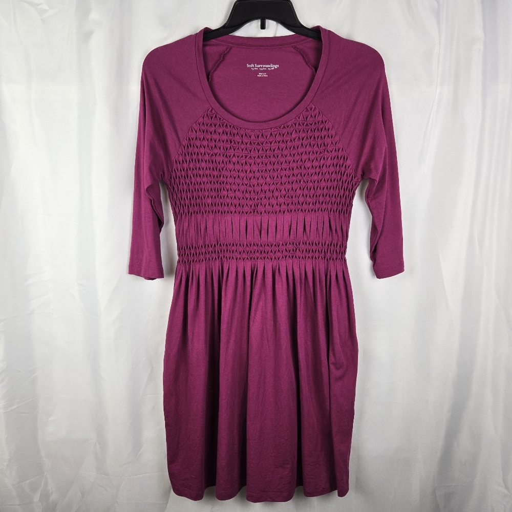 Soft Surroundings Sylvie Plum Fushia Smocked 3/4 Sleeve Pocket Dress Size Medium